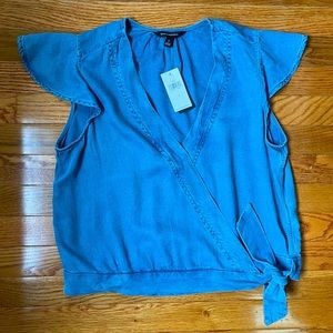 Denim V Neck Short Sleeve Top with Side Tie